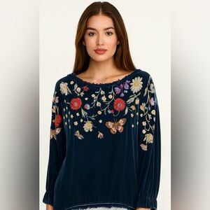 Ursime Navy Floral Embroidered Velvet Boho Top Blouse Cottagecore Festival XL